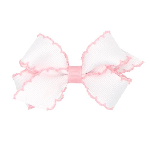 Wee Ones Girls' Classic Grosgrain Moonstitch Edge Hair Bow on a WeeStay Hair Clip, Contrasting Edge, Mini, White with Light Pink