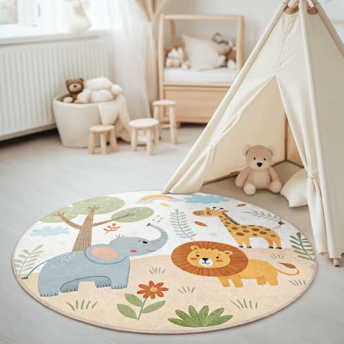 Safari Animal Round Kids Rug for Nursery – Jungle Theme Playroom Carpet with Lion, Elephant, Giraffe – Washable Circle Mat for Toddler Room