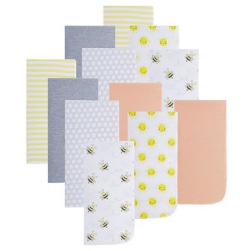 Everyday Kids 12 Pack Baby Burp Cloths – Soft, Absorbent Cotton Flannel in Gray, Yellow, Orange with Bee and Hive Prints and Solids