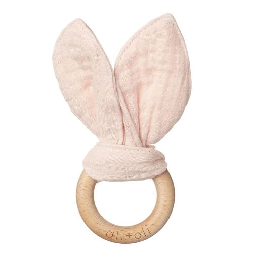 Ali+Oli Crinkle Bunny Ears Wooden Teether for Babies (Pink) – Gender Neutral Baby Gift, Newborn Animal Teether Toy, Toddler Wooden Toy
