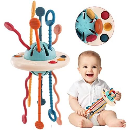 JKHEPL Pull String Airplane Travel Toys for Toddlers 1-3 - Montessori Toys for Babies 6-12 Months UFO Silicone Pull String Activity Toy Sensory Development Mobi Zipee Baby Toys Fine Motor Skills Toys