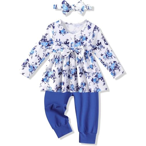 Toddler Baby Girl Clothes Solid Color Ruffle Tops Floral Pants with Headband Fall Winter Cute Girl Outfits