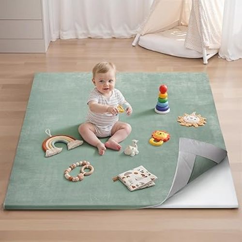Blissful Diary Ultra Soft Baby Play Mat, 50x50 Floor Mat with Removable & Washable Slip-On Cover for Babies and Toddlers Infants, Sage Green