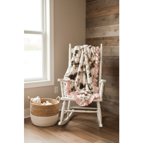 Brown Sugar Cow Minky and Blush Minky Western Ruffle Blanket