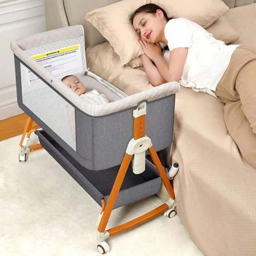kmaier 3 in 1 Baby Bassinet Sleeper, 6-Section Height Adjustable Crib, Foldable Portable Crib Side Sleeper- Light Gray
