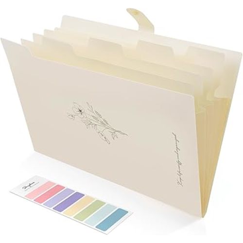 SKYDUE Expanding File Organizer with 5 Pockets, Accordion File Folders with Labels, Portable Document Paper Bill Receipt Organizer, Home College School Office Supplies, Letter Size,Apricot