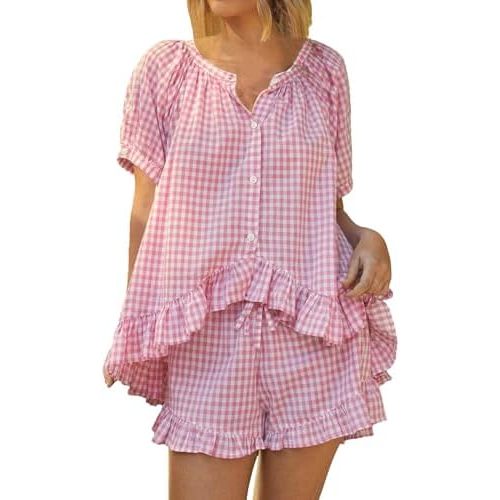 Womens 2 Piece Gingham Pajama Set Plaid Outfits Cute Ruffle Pajamas Checkered Cotton Pjs Short Sleeve Matching Set