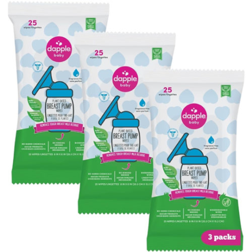 Dapple Baby Breast Pump Wipes - 75 Count (Pack of 3), Fragrance Free, Plant Based & Hypoallergenic - Removes Milk Residue, Leaves No Taste - Convenient Wipes Pouch