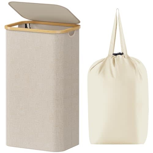 Lifewit 100L Laundry Basket with Lid, Clothes Hampers for Laundry with Bamboo Handles and A Removable Laundry Bag, Large Foldable Laundry Hamper for Bedroom, Bathroom, Dorm, Laundry Room, Beige