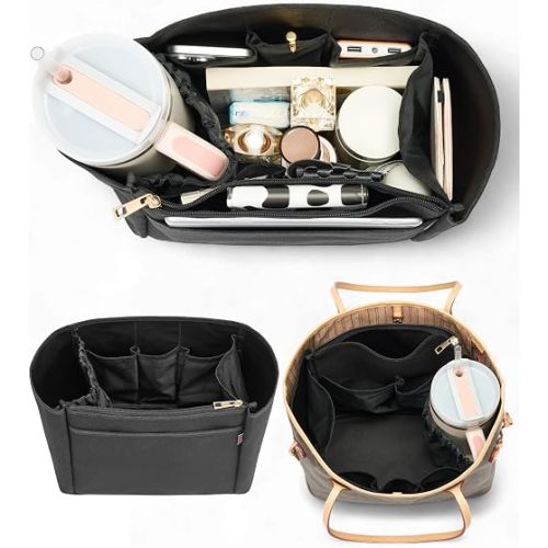 TOVICE Tote Bag Organizer Insert with Stanley Cup Holder and Zipper Bag, Compatible with Neverfull, Saint Louis and More, 9 Pockets (Black, Large)