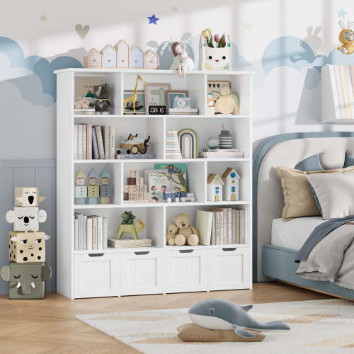 Homfa 10 Cube Toy Storage Organizer, 57.5" Tall Bookcase with 4 Removable Drawers,Bookshelf for Kids Room Living Room, White