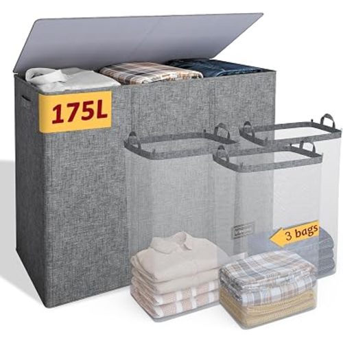 175L Laundry Hamper 3 Section,Large Laundry Hamper with Lid,Dirty Clothes Hamper with 3 Inner Bags,Collapsible Laundry Basket Organizer for Laundry Room,Bedroom,Laundry Sorter Hamper 3 Compartment