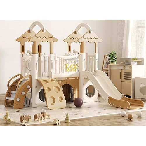 XJD 9 in 1 Toddler Slide, Jungle Slide with Basketball Hoop, Tunnel and Storage Space, Outdoor Indoor for Toddlers Age 1+,Tree House Design Toddlers Outdoor Indoor Playground (Brown)