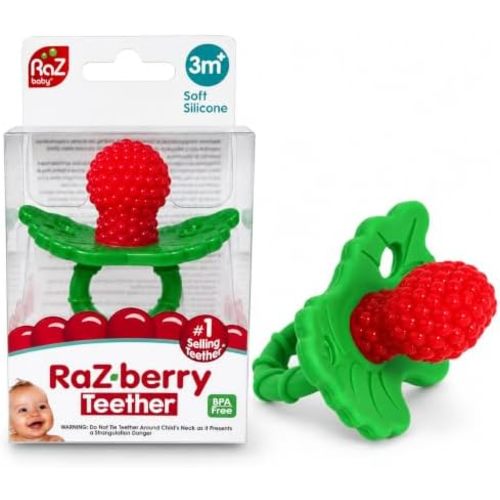 RaZbaby RaZberry Silicone Baby Teether Toy - Berrybumps Soothe Babies Sore Gums - Infant Teething Toy - Hands Free Design - BPA Free - Easy-to-Hold Design - Teething Relief Pacifier - Fruit Shape/Red