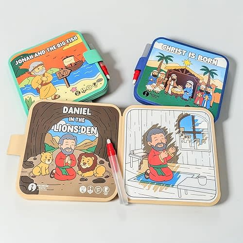 Reusable Bible Story Water Reveal Coloring Book Bundle (3 Books, 3 Pens) - Mess-Free Christian Activities for Kids - Noah’s Ark, Jonah, David & Goliath, Daniel, and Christmas Nativity