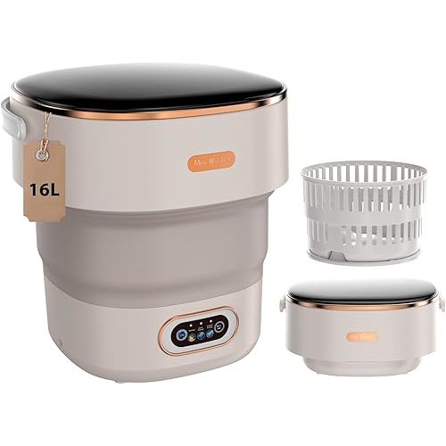 Portable Washing Machine Mini Foldable 16L Washer Laundry with Spin Basket Portable Washer Machine for Apartment RV Travel Camping 3 Cleaning Modes Suitable for Small Clothes and Underwear (Off-white)