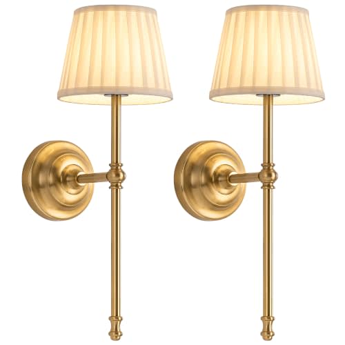 KDG Gold Cordless Wall Sconces Set of 2, Beige Fabric LED Wall Lamps | Wireless Small Rechargeable Battery, Portable Lighting for Wall Painting, Living Room, Bedroom, Hallway, Gifts, Night Light