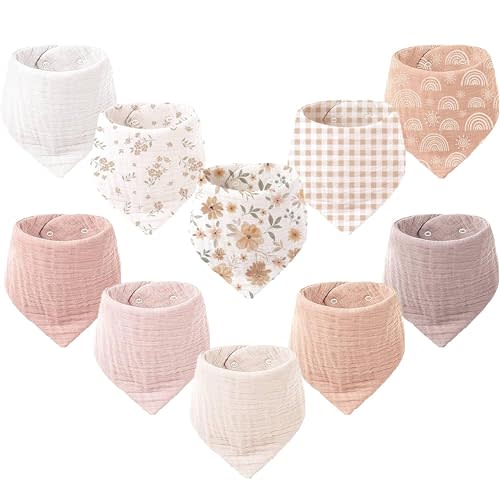 Konssy 10 Pack Baby Muslin Bandana Bibs for Drooling and Teething | 100% Cotton, 6-Layer Bibs, Pre-Washed Soft & Absorbent, Adjustable Neck Fit, Boys & Girls 0-36M