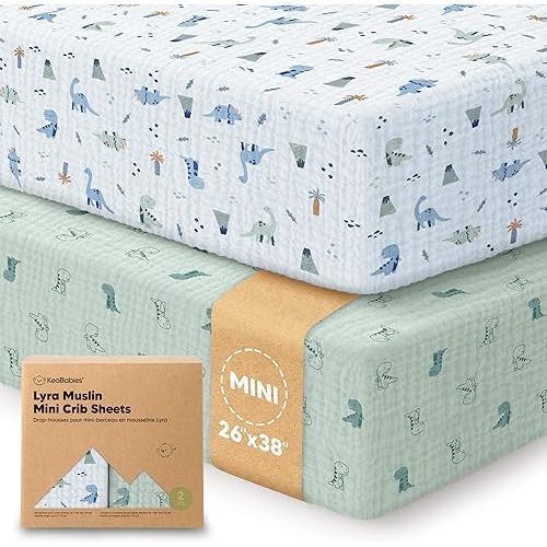 2-Pack Muslin Mini Crib Sheets for Boys, Girls - 38x26 Pack and Play Sheets Fitted,Organic Cotton,Compatible with Graco Pack N Play Mattress,Neutral Toddler Playard Bedding,Soft Breathable (Dino Park)