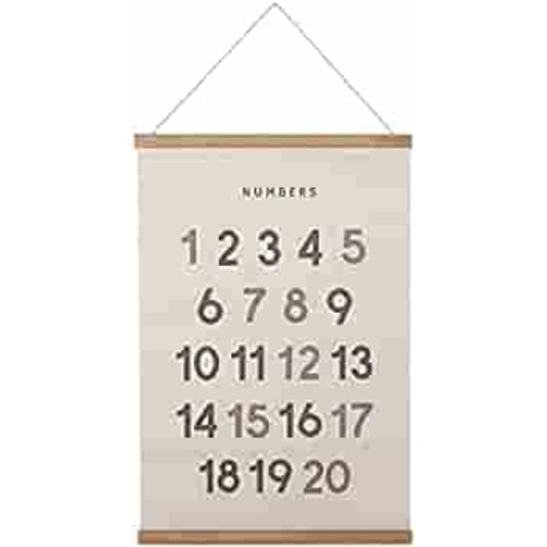 Bon et Beau 16 x 24 Inch Embroidered Number Poster with Wood Poster Hanger - Neutral Gray Wall Décor for Boys Nursery, Bedroom and Playroom