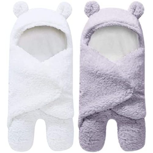 2 Pack Ultra Warm Sherpa Plush Baby Sleeping Swaddle Wrap - Newborn Essentials Must Haves for 0-6 Months - Baby Shower Registry Search Gifts for Boys Girls - Baby Stuff Accessories (Grey and White)