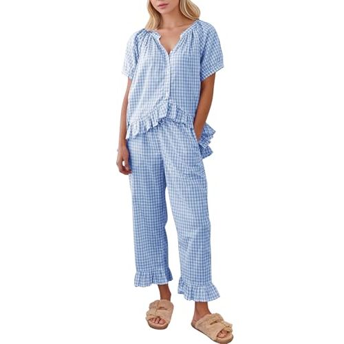 COZYPOIN 100% Cotton Pajamas for Women Set Cute Gingham Lounge Set | 2 Piece Plaid PJs Sets, Button Down, Short Puff Sleeve, Babydoll Top, Ruffle Pants, Maternity Bridesmaid Loungewear Sleepwear