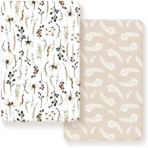 GRSSDER Stretchy Ultra Soft Jersey Knit Fitted Pack n Play Sheets Set 2 Pack, Neutral Portable/Mini Cribs Sheets, Fit Playards Mattress Pads Safe and Snug, Stylish Pretty Flora for Baby, Beige
