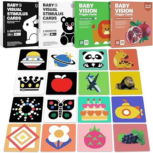High Contrast Baby Flashcards, 80 Pcs 160 Page Flash Cards for Babies Ages 1-3-6-12-36 Months, Newborn Black White Colorful Visual Stimulation Learning Activity Card, Infant Sensory Develop Toys Gifts