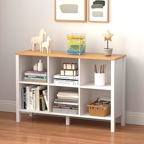 6-Cube Bookcase, Farmhouse Wooden Bookshelf Low Storage Organizer, 45" Horizontal White Console with Legs, Hallway Book Case for Entryway, Display Cabinet for Living Room (White, 6-Cube)