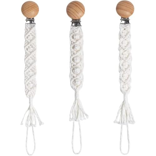 Boho Pacifier Clip for Boys Girls Pacifier Holder Leash Wooden Clips Handmade Braided Cotton Unisex Baby Shower Birthday Gift Christmas Gift (Pattern 4)