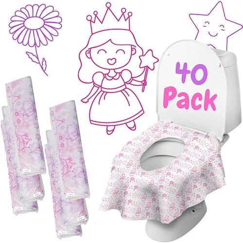 Princess Disposable Toilet Seat Cover for Kids, 40 pack, Extra Large, Waterproof and Individually Wrapped, Travel Toilet Seat Covers, Disposable Potty Liners for Toddlers Potty Training and Travel