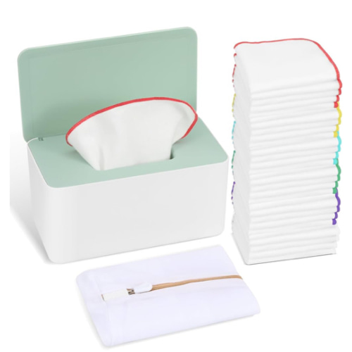 54 Packs Flannel Cloth Baby Wipes Reusable Baby Wipes with Green Upgraded Wipes Dispenser, Reusable & Durable Cloth Wipes, Body Face Hand Washcloth Essential for Baby Wipes