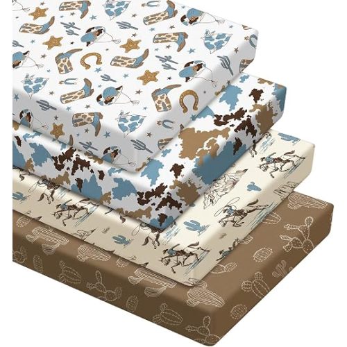 4 Pcs Blue Western Crib Sheet for Standard Nursery Decor