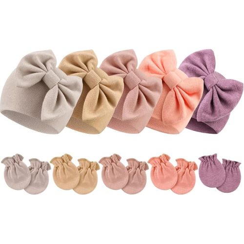 BQUBO Newborn Baby Girls Hats Mittens Set Hospital Hat Beanie Infant Bow Hats Baby Cotton Gloves for 0-6 Months