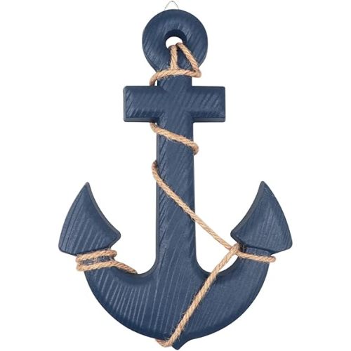 13" Nautical Wooden Anchor with Rope Nautical Beach Wood Anchor Wall Art Decor Door Hanging Ornament Beach Theme Home Decoration (Blue)