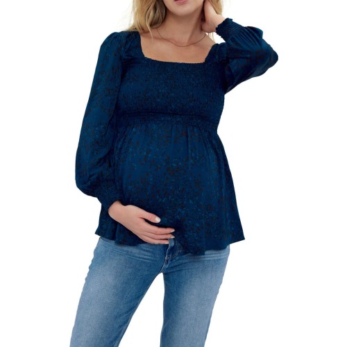 Maternity Smocked Square Neck Maternity Blouse, Small, Abstract Animal Blue