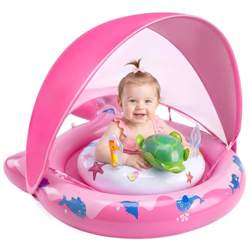 Inflatable Baby Pool Float with Sun Canopy, UPF50 Sun Protection, Portable & Easy to Store, Comfortable Support Seat, Includes Air Pump & Toys, for 6–36 Months Boys & Girls