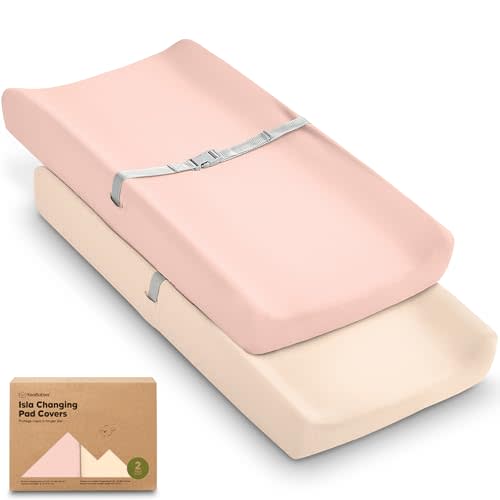 2-Pack Baby Changing Pad Cover for Girl, Boy - 34x18 Soft Viscose Derived from Bamboo Baby Diaper Changing Table Pad Cover Sheets, Neutral, Snug Fit Nursery Diaper Change Sheets (Cameo)