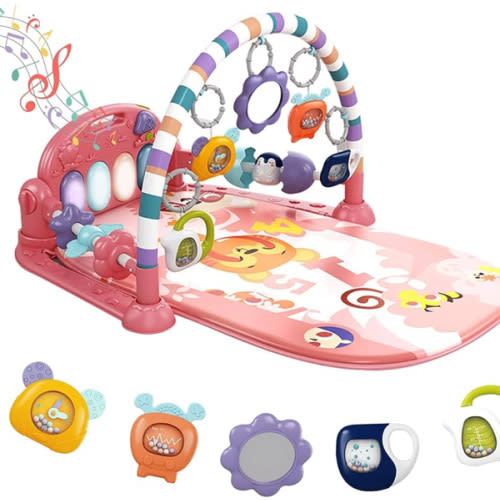 dearlomum Baby Play Mat Baby Gym,Funny Play Piano Tummy Time Baby Activity Mat with 5 Infant Sensory Baby Toys, Music and Lights Boy & Girl Gifts for Newborn Baby 0 to 3 6 9 12 Months (Pink)