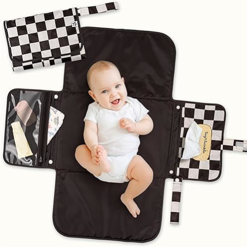Tiny Twinkle Portable Diaper Changing Pad – Foldable, Waterproof & Compact Travel Changing Mat with Storage | Smart Wipes Pocket for On-The-Go Parents(Black Checkers)