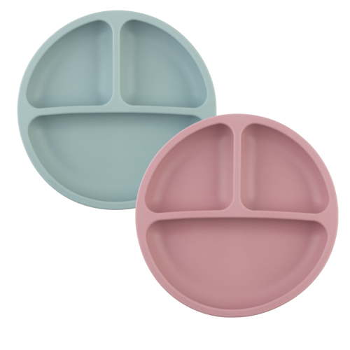 2 Pack Suction Plates for Babies & Toddlers, Food Grade Silicone Dinnerware Stays Put - 3 Compartments Divided - Dishwasher & Microwave Safe-Blue+Rose