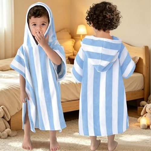 VOOVA & MOVAS Toddler Poncho Towel 1-3Y,100% Cotton, Light‑Blue Stripe