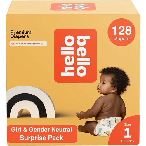 Hello Bello Premium Diapers, Size 1 (8-12 lbs) Surprise Pack for Girls - 128 Count, Hypoallergenic with Soft, Cloth-Like Feel - Assorted Girl & Gender Neutral Patterns