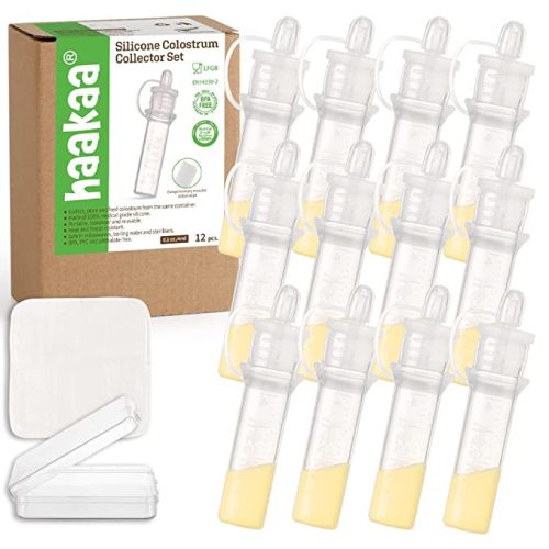 haakaa Colostrum Collector Sets Includes 2 Portable Cases and 2 White Cotton Cloth Wipes for Breastfeeding Moms to Collect Store and Feed Colostrum, 0.1oz/4ml,12pcs