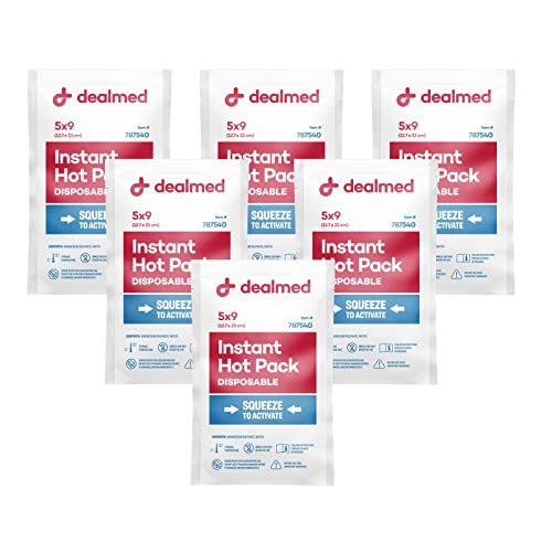 Dealmed Instant Hot Pack - Disposable, Single Squeeze - 6 Pack | 5 x 9 in Size, Red, Latex Free Material, Flexible Construction, For Injuries Swelling Sprains Muscle Soreness, Adult Use