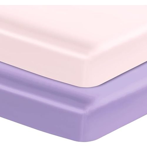 Entisn Satin Crib Sheets 2 Pack, 28 x 52 x 8 Inch Soft Fitted Crib Mattress Sheets for Baby Girls, Baby Pink and Light Purple Nursery Bedding Protect for Skin and Hair