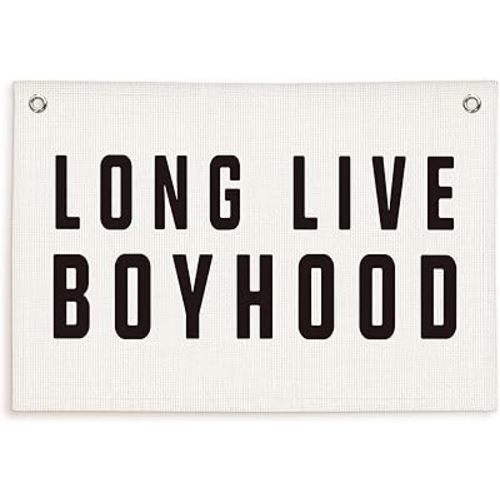 Long Live Boyhood Banner, Neutral Canvas Wall Hanging Banner Flag for Nursery Playroom, Toddler Room, Boys Kids Room Decor 30x20 Inch