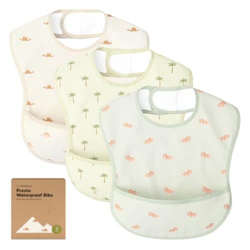 KeaBabies 3-Pack Waterproof Baby Bibs for Eating, Lightweight (Roarsome) | Toddler Feeding Bibs with Large Food Catcher, Mess Proof, Food-Grade, Baby Eating Essentials, Easy to Put On & Clean