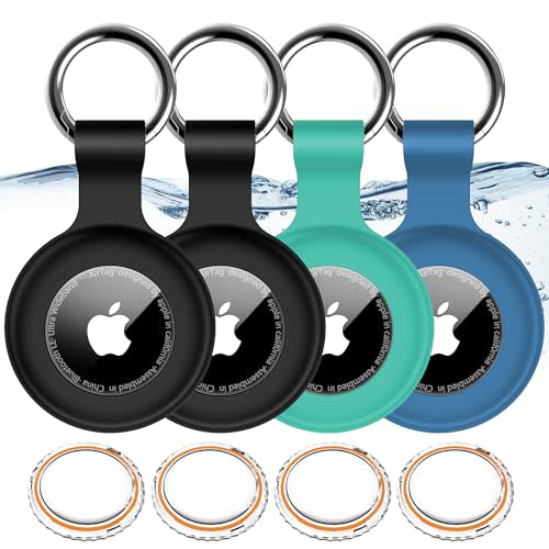 1|2|4Pack for Apple AirTag Holder with Keychain for Air Tag 2nd/1st Gen | Waterproof Air Tag Cover GPS Tracker Anti-Scratch Silicone Air-Tag Case for Pets,Kids,Luggages-Black+Black+Blue+Green