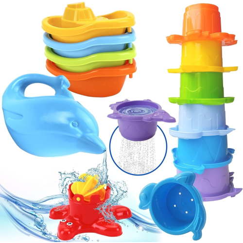 TECHNOK Baby Bath Toys for Toddlers - 12 Pcs Rainbow Stacking Cups Boats Train Stackable Plastic